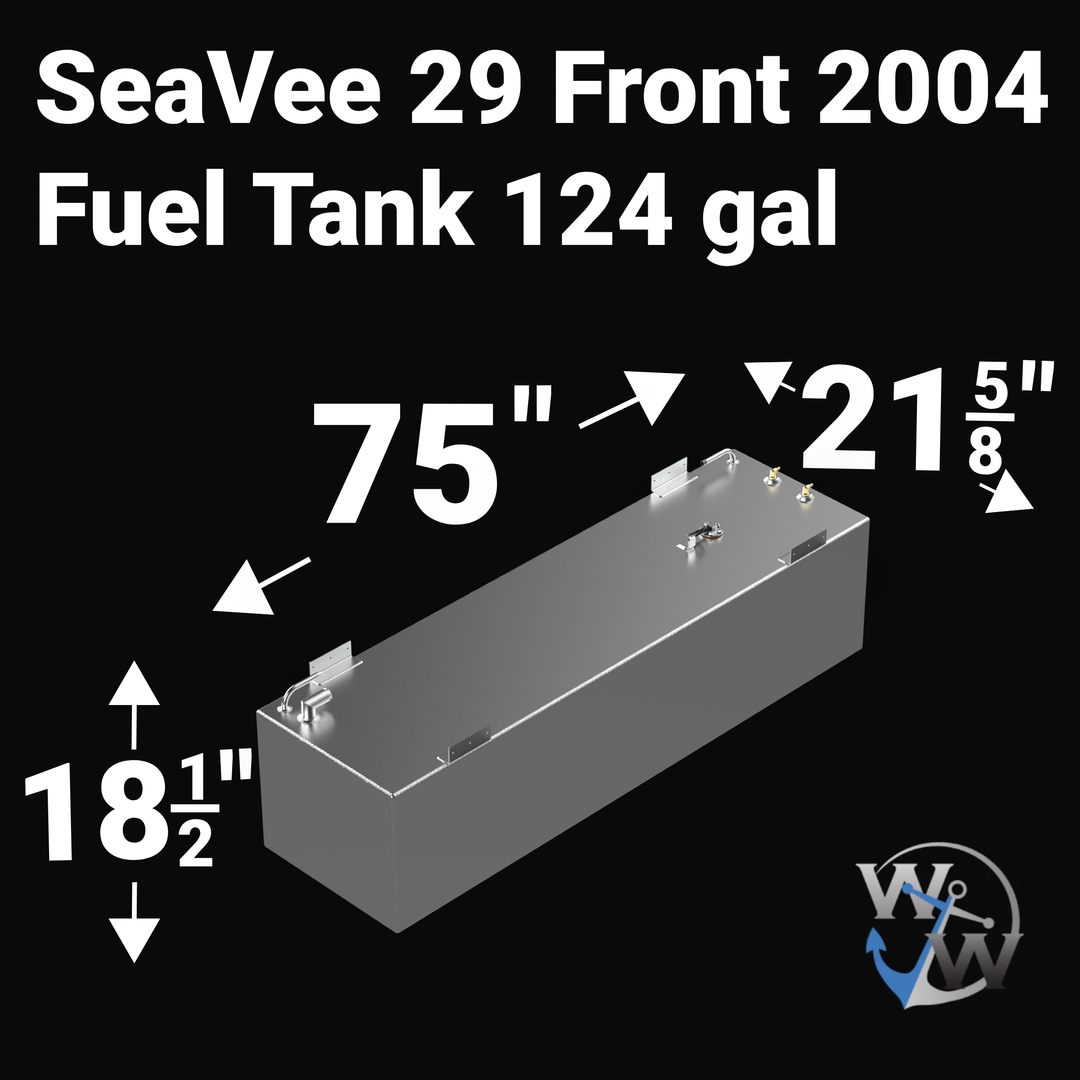 Dimensional technical diagram for a raw aluminum Sea Vee 29 Front 2004 replacement marine fuel tank featuring a 124-gallon capacity. The graphic displays precise technical specifications with measurements of 75" length, 21-5/8" width, and 18-1/2" height, illustrating the long rectangular design with specialized mounting brackets. The top deck displays an unsealed variant layout complete with brass fuel pickups, a center sending unit mount, and a forward 90-degree fuel fill neck assembly. Precision-engineere