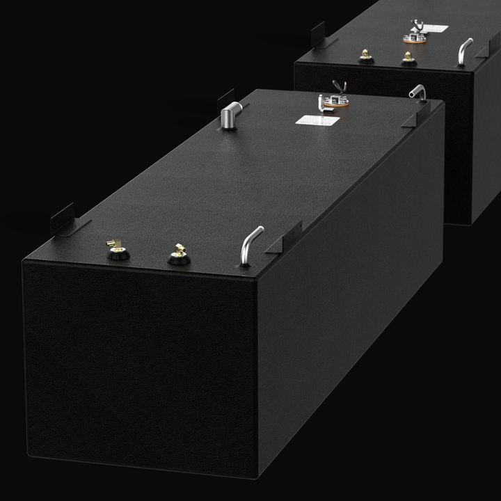 A high-angle perspective rendering of a matching black dual-tank system from a rear corner angle, highlighting the component alignment on a Sea Vee 29 OEM replacement marine fuel tank combo system. Both long-range rectangular fuel cells are masterfully fabricated from heavy-gauge marine-grade 5052-H32 aluminum and fully encapsulated in a textured black TarGard epoxy coating for maximum corrosion resistance in wet bilge environments. The upper decks feature pre-aligned factory hardware, including dual brass 