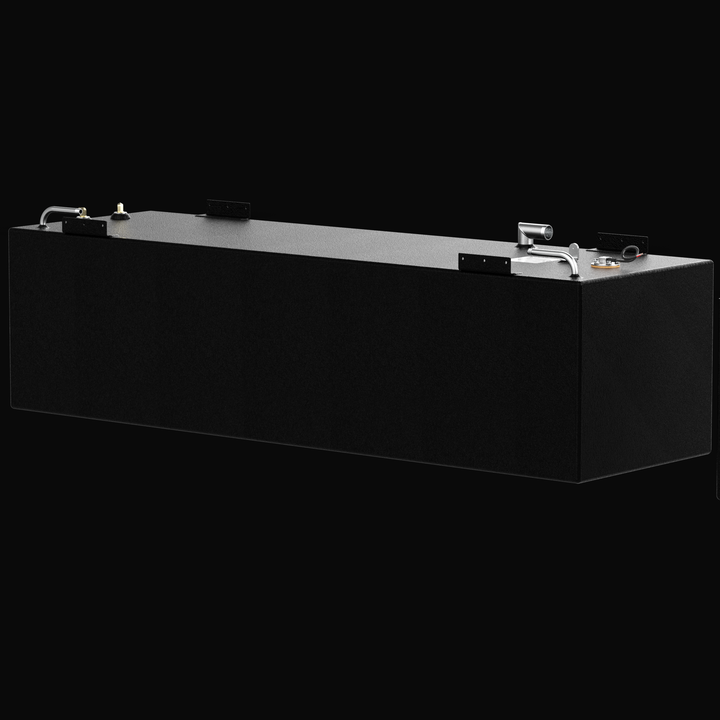 A three-quarter high-angle perspective view of a single rectangular black tank unit, detailing a Sea Vee 29 OEM replacement marine fuel tank. Masterfully constructed from heavy-gauge marine-grade 5052-H32 aluminum, the tank is completely encapsulated in a durable, textured black TarGard epoxy coating for superior corrosion protection. The clean rectangular design highlights robust mounting brackets welded along the top edges for secure installation within the vessel's hull cavity. The upper deck features pr