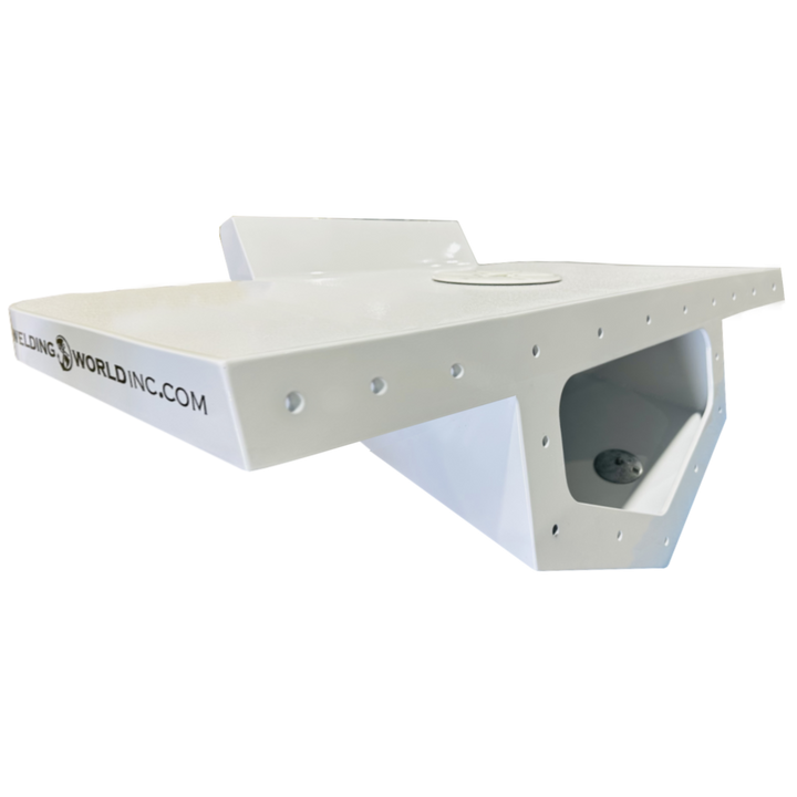 A picture of a Seacraft 23 1977 Enclosed Transom High Flotation Single Engine Bracket, featuring a sleek white design with a cutout for engine mounting, displayed against a transparent background