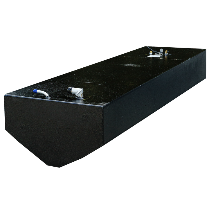 OEM replacement belly fuel tank for a 1998-1999 SeaCraft 23' boat, featuring a sleek black design and multiple fuel connections