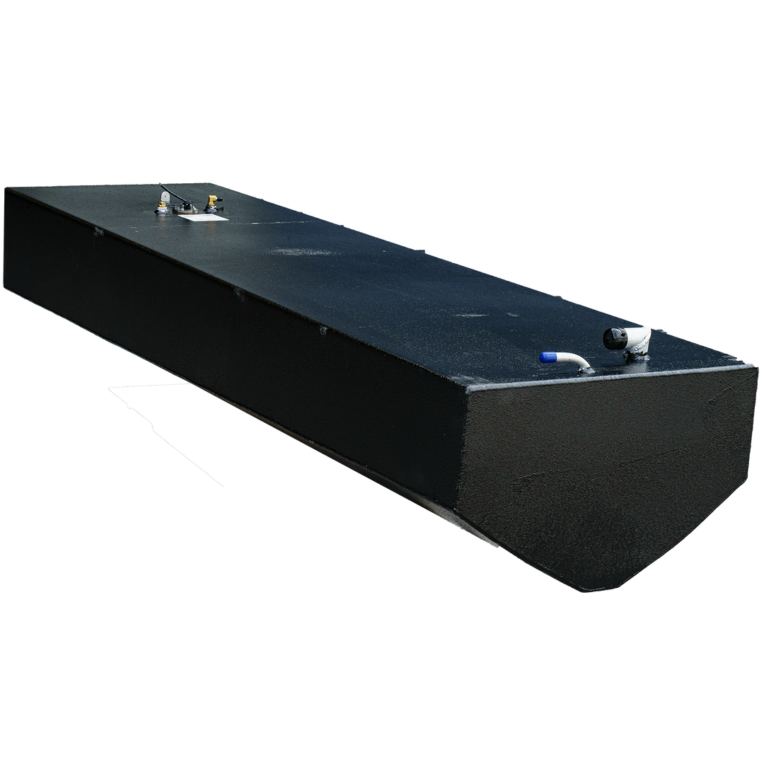 OEM replacement belly fuel tank for a 1998-1999 SeaCraft 23' boat, featuring a sleek black design with a tapered end, fuel inlet, and outlet fittings