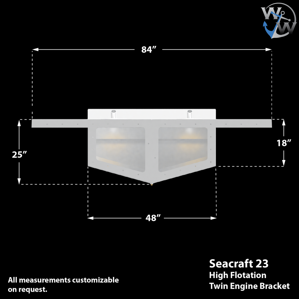 Image of a Seacraft 23 Twin Engine High Flotation Bracket, featuring a rectangular design with dimensions of 84 inches wide, 48 inches long, and 25 inches high. The bracket is shown in a top-down view, highlighting its customizable measurements. The text "Seacraft 23 High Flotation Twin Engine Bracket" is displayed at the bottom