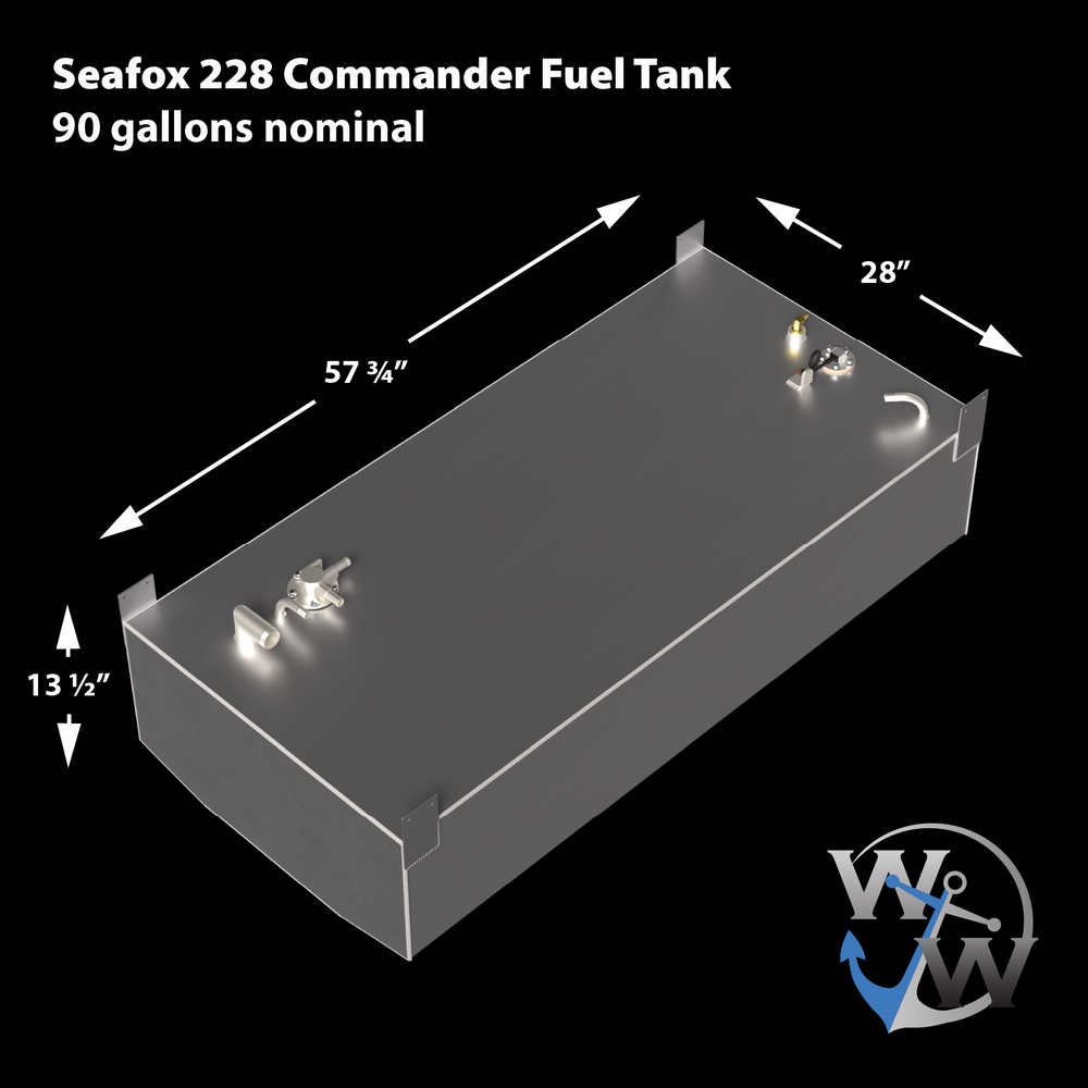 SeaFox 228 Commander Built to OEM Specs fuel tank with 90-gallon nominal capacity, designed for marine reliability