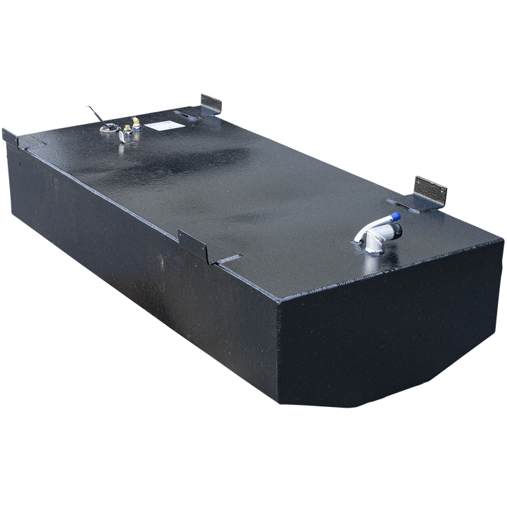 A black, rectangular fuel tank with a textured surface, featuring a rounded front edge. Various metal fittings and connection points are visible on the top surface, along with some attached metal brackets