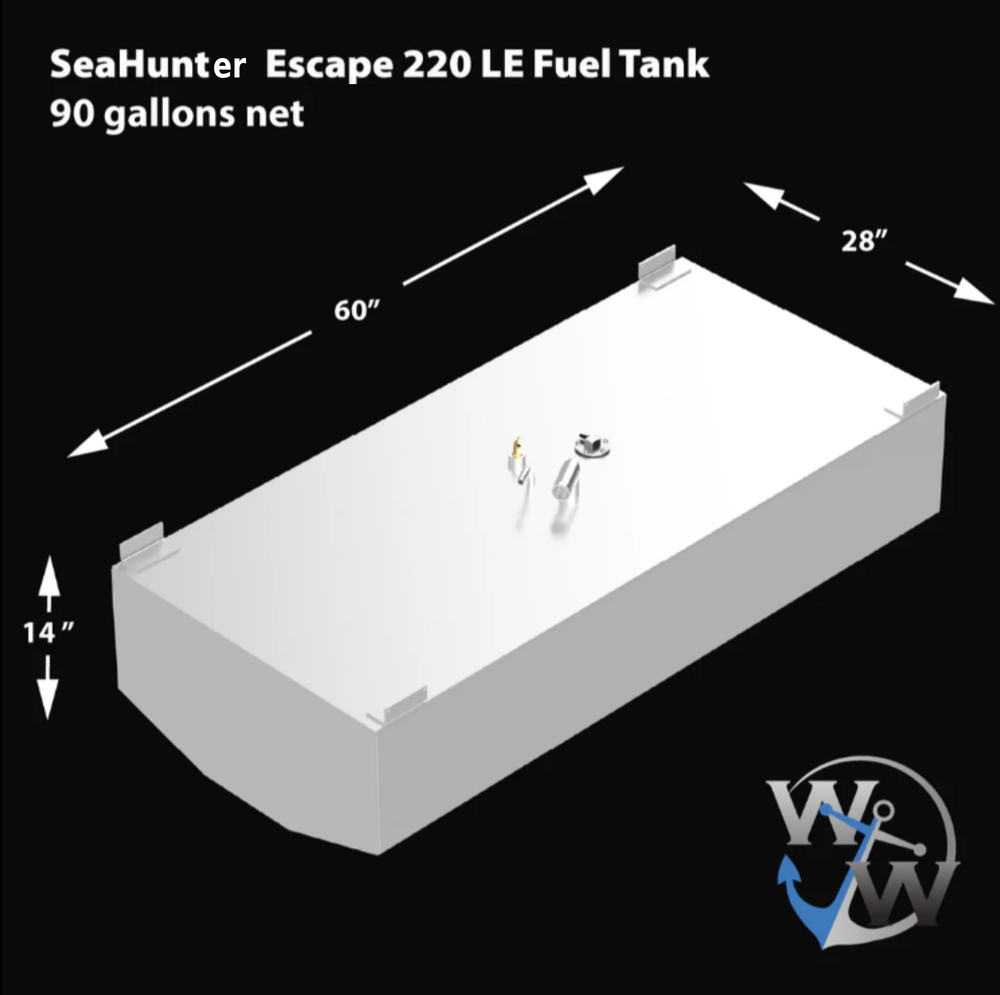 3D rendered diagram of a SeaHunter Escape 220 LE fuel tank with a net capacity of 90 gallons. The tank is white with mounting brackets on all four corners. The top surface features various fittings, including a vent, fuel pickup, and sensor. The tank's dimensions are labeled as 60 inches in length, 28 inches in width, and 14 inches in height. The black background highlights the white tank