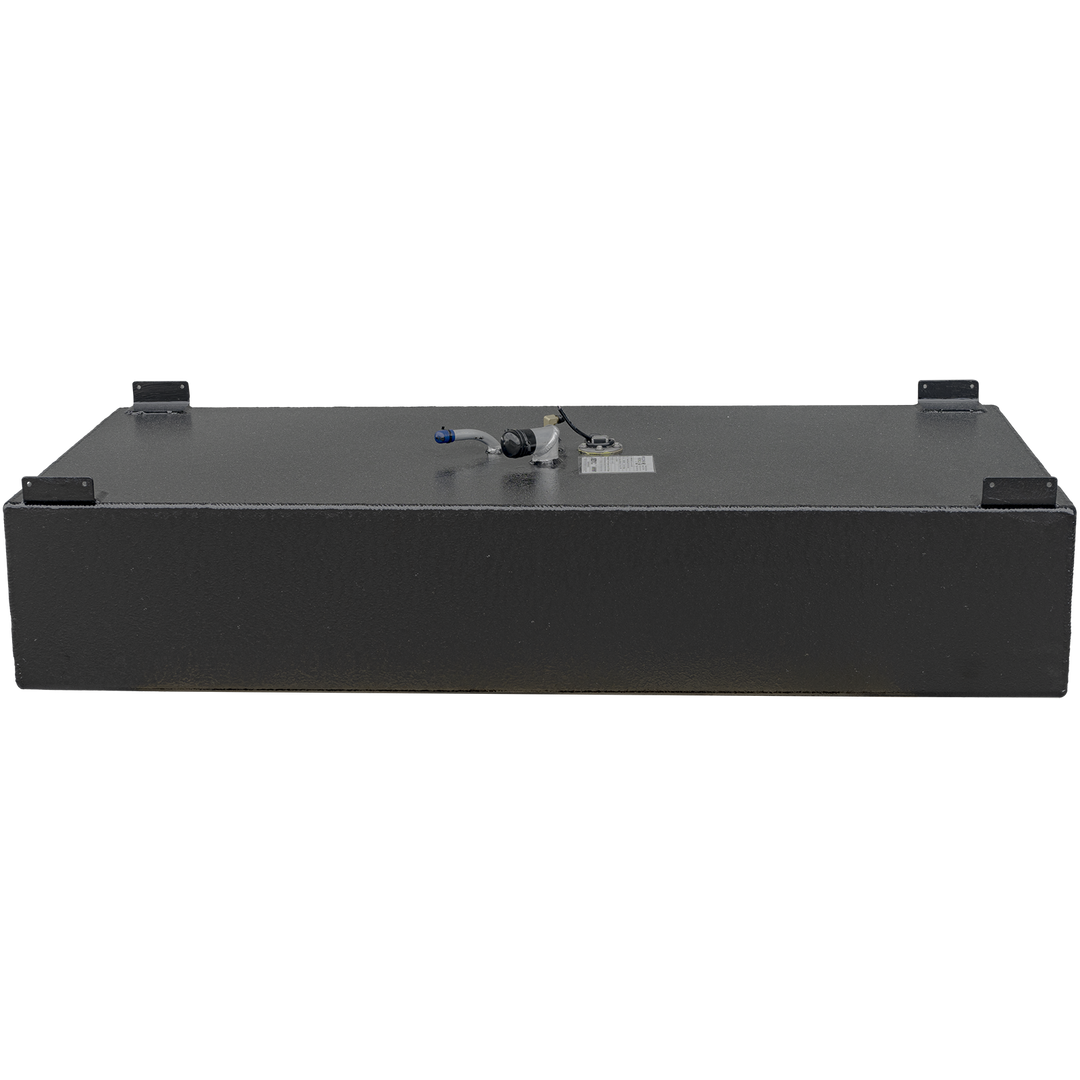 Front view of a black rectangular metal fuel tank with a textured finish and four welded mounting brackets, one at each corner on the top edge. The top surface shows a vent pipe capped in blue, a sensor with wiring, and another capped fitting. The background is transparent