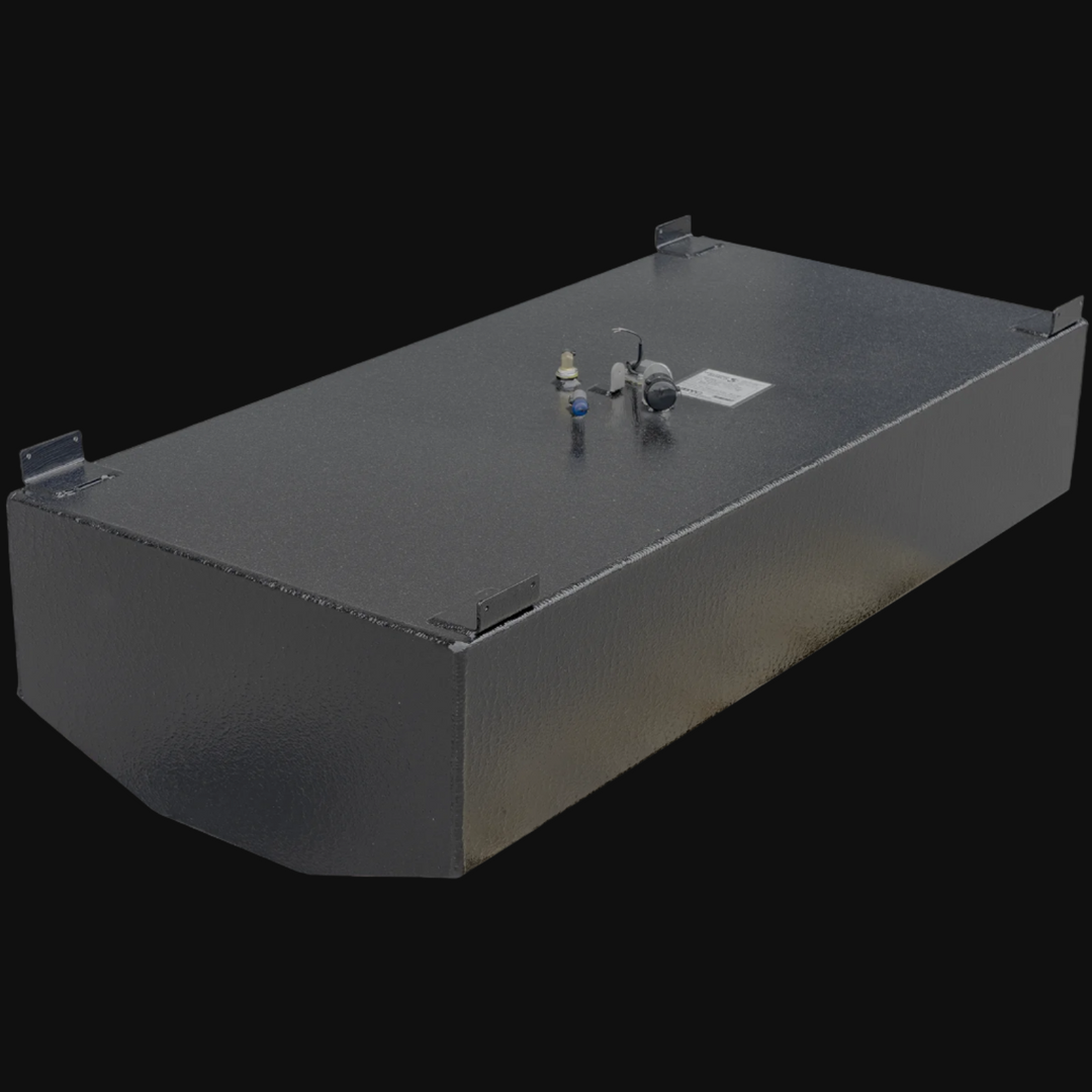 Photograph of a SeaHunter Escape 220 LE Built to OEM Specs fuel tank with a net capacity of 90 gallons. The tank has a black textured surface and rectangular shape with slightly angled edges on the front side. The top of the tank features multiple fittings and components, including a fuel pickup, vent, and sensor. Four mounting brackets are visible at the corners of the tank