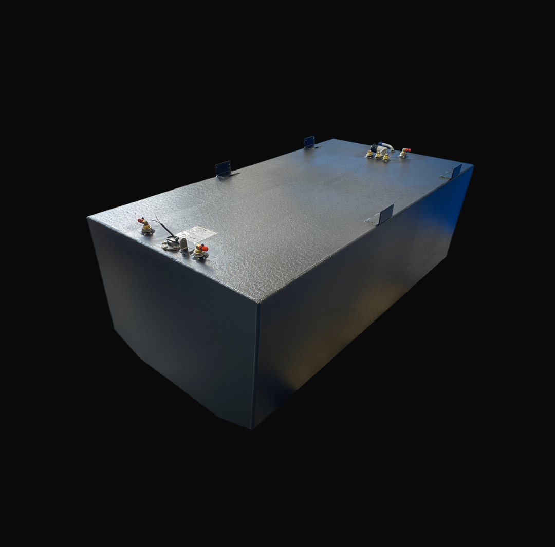 A 232-gallon Seaswirl Striper 270 replacement fuel tank finished in a professional black Coal Tar Epoxy coating. This heavy-duty marine-grade .190" aluminum tank is an exact OEM replacement for the 2006 model, featuring pre-installed mounting tabs, a KUS fuel level sender, and precision-welded 316 stainless steel fittings for maximum corrosion resistance in offshore environments.