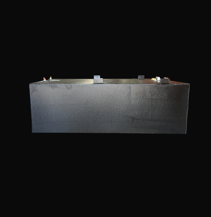 Side-elevation view of a 232-gallon Seaswirl Striper 270 (2006) replacement fuel tank coated in protective black Coal Tar Epoxy. This heavy-duty marine-grade .190" aluminum tank features integrated mounting tabs and top-mounted fuel fittings, precision-engineered to provide a guaranteed 100% drop-in fit for offshore marine environments.
