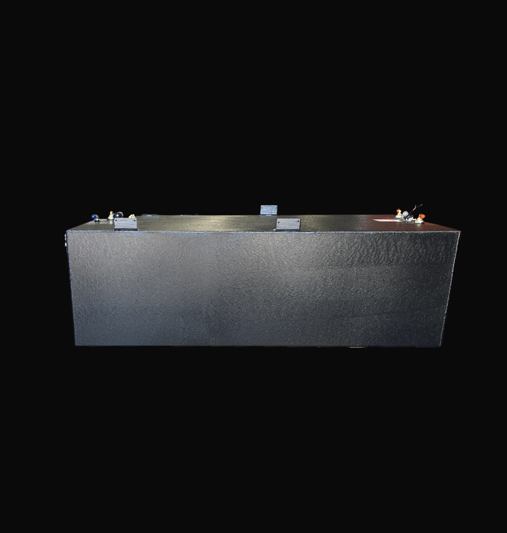 Side-profile view of a 232-gallon Seaswirl Striper 270 replacement fuel tank with a protective black Coal Tar Epoxy coating. The image highlights the heavy-duty .190" marine-grade aluminum construction and integrated mounting tabs. This 2006 OEM replacement is engineered for maximum corrosion resistance and a guaranteed 100% drop-in fit for offshore fishing applications.