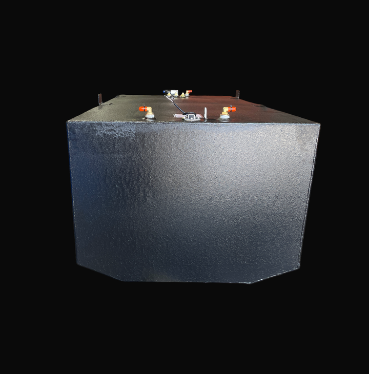 Front-perspective view of a 232-gallon Seaswirl Striper 270 (2006) replacement fuel tank showcasing its specialized hull-matching tapered bottom. The tank is finished with a heavy-duty black Coal Tar Epoxy coating for superior saltwater corrosion protection. Visible features include precision 316 stainless steel 90-degree fittings and top-mounted fuel pickups, engineered for a guaranteed 100% OEM fit.