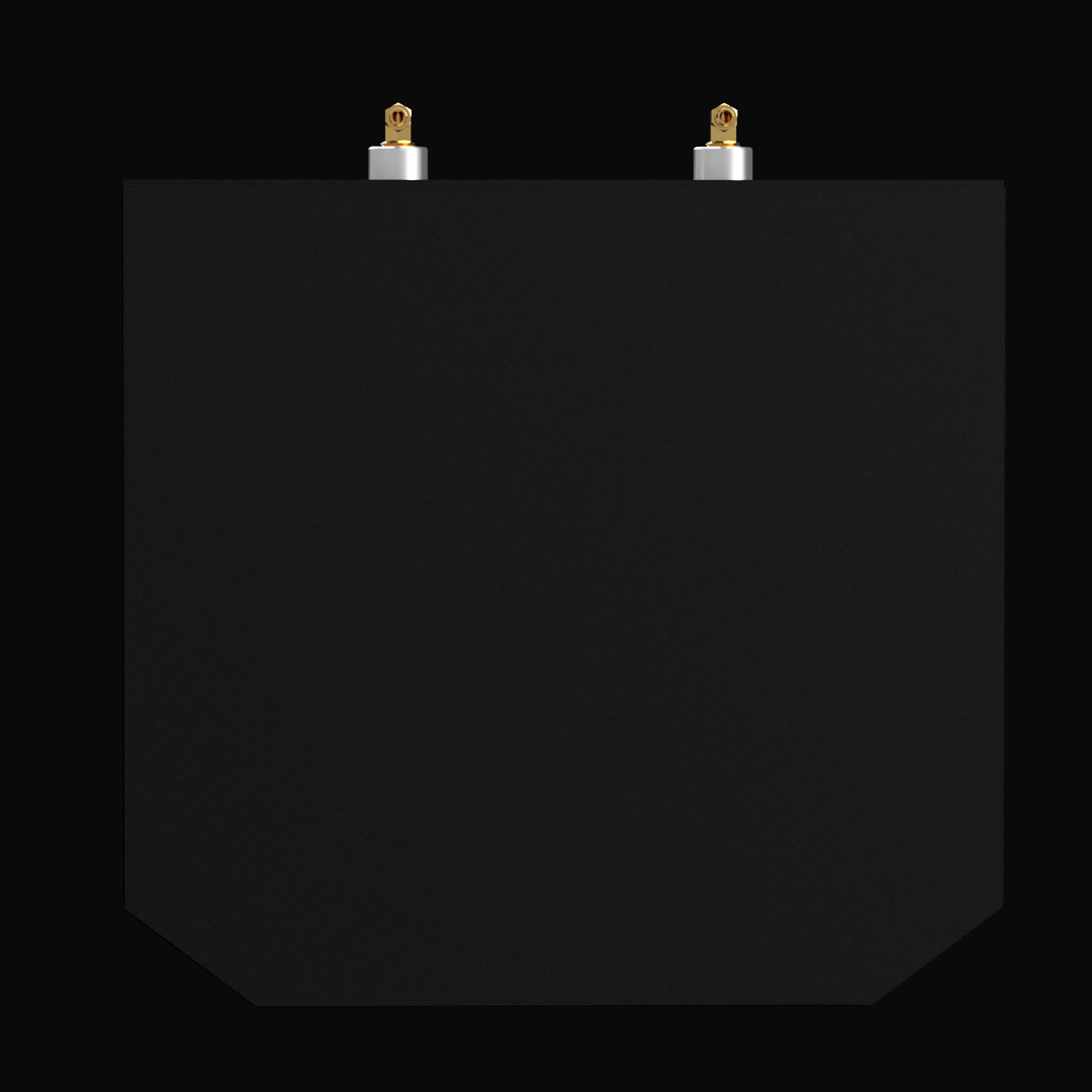 Rear orthographic view of a black marine fuel tank for a SeaVee 25' (1979), 160-gallon capacity. The view highlights two brass elbow fittings mounted on the top edge, with the bottom corners of the tank chamfered for clearance.