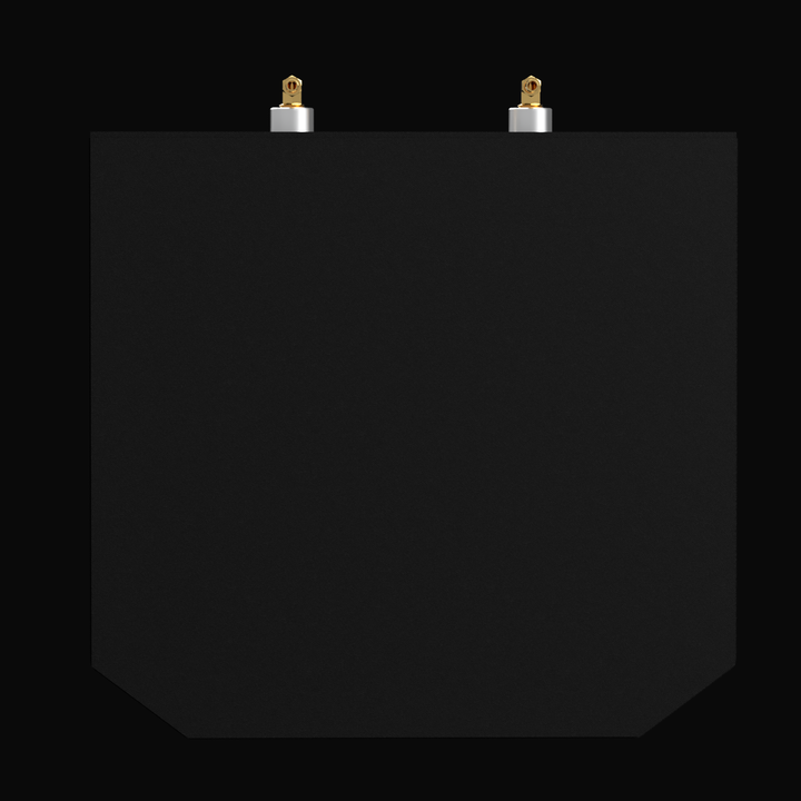Rear orthographic view of a black marine fuel tank for a SeaVee 25' (1979), 160-gallon capacity. The view highlights two brass elbow fittings mounted on the top edge, with the bottom corners of the tank chamfered for clearance.