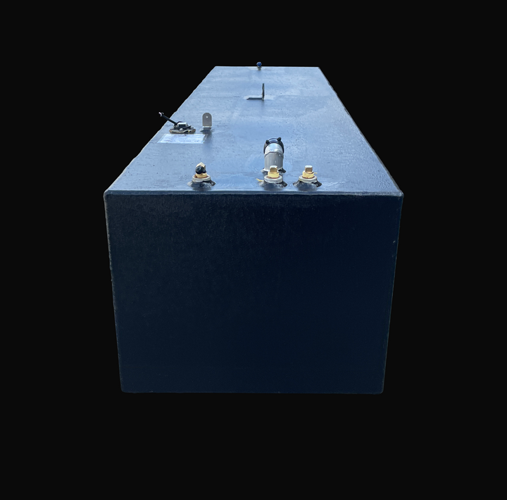 A close-up front profile end view of a SeaVee 25 main replacement marine fuel tank with a 147-gallon capacity, looking down its long rectangular body. This perspective details the top deck connection cluster, showcasing triple brass fuel line pickups, a heavy-duty fuel fill neck, a ground tab, and an integrated fuel level sending unit with its official ABYC/NMMA manufacturer specification label. The entire exterior is coated in a premium, textured black TarGard epoxy finish over marine-grade 5052-H32 alumin