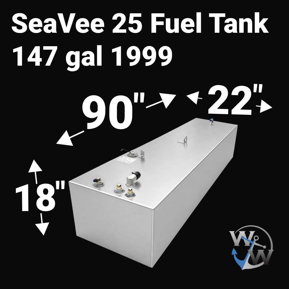 Dimensional technical diagram for a raw aluminum SeaVee 25 1999 main replacement fuel tank featuring a 147-gallon capacity. The graphic displays precise technical specifications with measurements of 90" length, 22" width, and 18" height, illustrating the elongated rectangular profile. The top deck displays an unsealed variant layout complete with brass fuel pickups, a fuel fill neck, a central lifting ring, and a sending unit assembly. Engineered by Welding World from heavy-duty marine-grade aluminum to ens