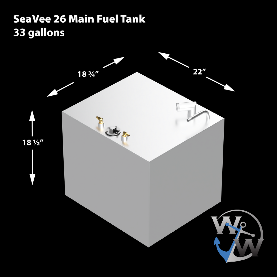 Diagram of a SeaVee 26' main fuel tank, featuring a 33-gallon capacity. The tank is shown from a top-down view with dimensions labeled: 18¾ inches wide, 22 inches long, and 18½ inches high. It includes fittings for fuel connections