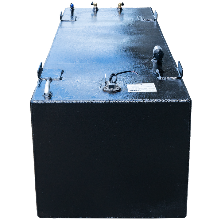 A black rectangular fuel tank, possibly a SeaVee 29' 2003 back fuel tank, with a textured surface is shown against a checkerboard transparent background. The top of the tank features multiple metal fittings, including brass-colored connectors, a blue-capped pipe, a circular cap with exposed wires, and an additional circular cap