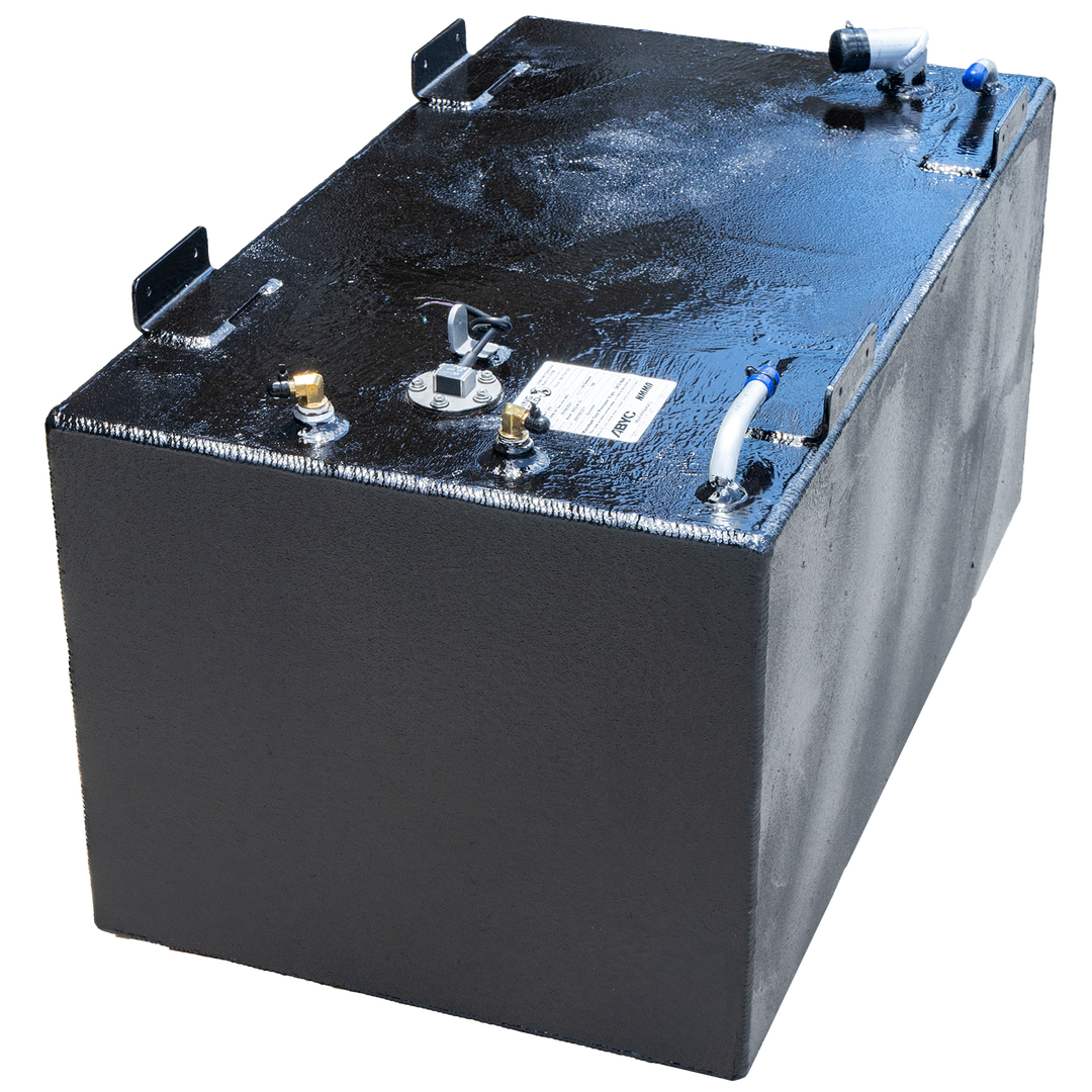 A black, rectangular fuel tank, possibly a SeaVee 29' 2003 front fuel tank, with a textured surface is angled against a checkerboard transparent background. The top surface features several metal fittings: a brass-colored connector, a circular cap with exposed wires, another brass-colored connector, a bent white pipe with a blue cap, and a cylindrical pipe with a black cap. Several L-shaped mounting brackets are also visible along the edges of the tank