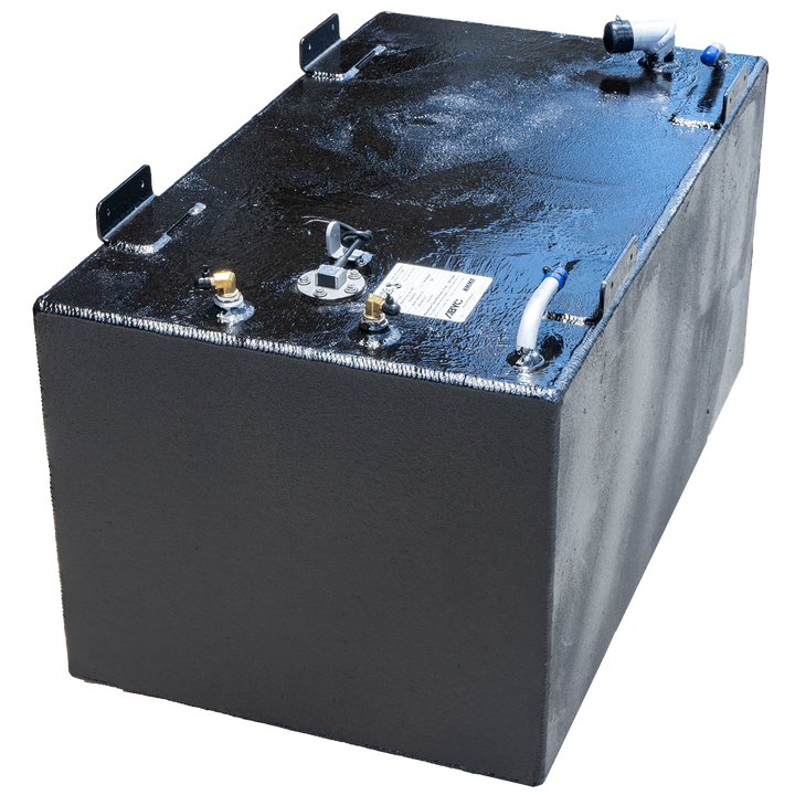 A black, rectangular fuel tank, possibly a SeaVee 29' 2003 front fuel tank, with a textured surface is angled against a checkerboard transparent background. The top surface features several metal fittings: a brass-colored connector, a circular cap with exposed wires, another brass-colored connector, a bent white pipe with a blue cap, and a cylindrical pipe with a black cap. Several L-shaped mounting brackets are also visible along the edges of the tank