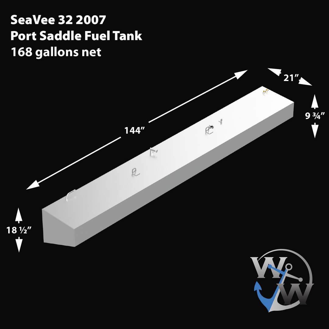 3D render of a long, narrow white marine fuel tank labeled 'SeaVee 32 2007 Port Saddle Fuel Tank 168 gallons net'. The tank features various fittings and mounts on top, with dimensions marked as 144 inches long, 21 inches wide, 18.5 inches tall on the left end, and 9.75 inches tall on the right end. The image background is black with the Welding World logo in the bottom right corner.
