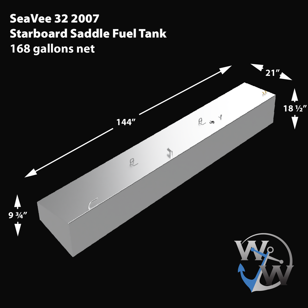 3D render of a long, narrow white marine fuel tank labeled 'SeaVee 32 2007 Starboard Saddle Fuel Tank 168 gallons net'. The tank has fittings and mounts along the top, with dimensions marked as 144 inches in length, 21 inches in width, 18.5 inches tall on the right end, and 9.75 inches tall on the left end. The background is black with the Welding World logo in the bottom right corner.
