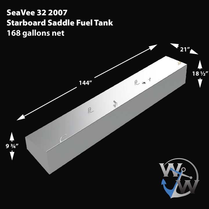 3D render of a long, narrow white marine fuel tank labeled 'SeaVee 32 2007 Starboard Saddle Fuel Tank 168 gallons net'. The tank has fittings and mounts along the top, with dimensions marked as 144 inches in length, 21 inches in width, 18.5 inches tall on the right end, and 9.75 inches tall on the left end. The background is black with the Welding World logo in the bottom right corner.