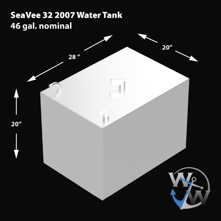 3D render of a rectangular white marine water tank labeled 'SeaVee 32 2007 Water Tank 46 gal. nominal'. The tank features fittings on the top surface and is dimensioned with arrows showing 28 inches in length, 20 inches in width, and 20 inches in height. The background is black with the Welding World logo in the lower right corner.