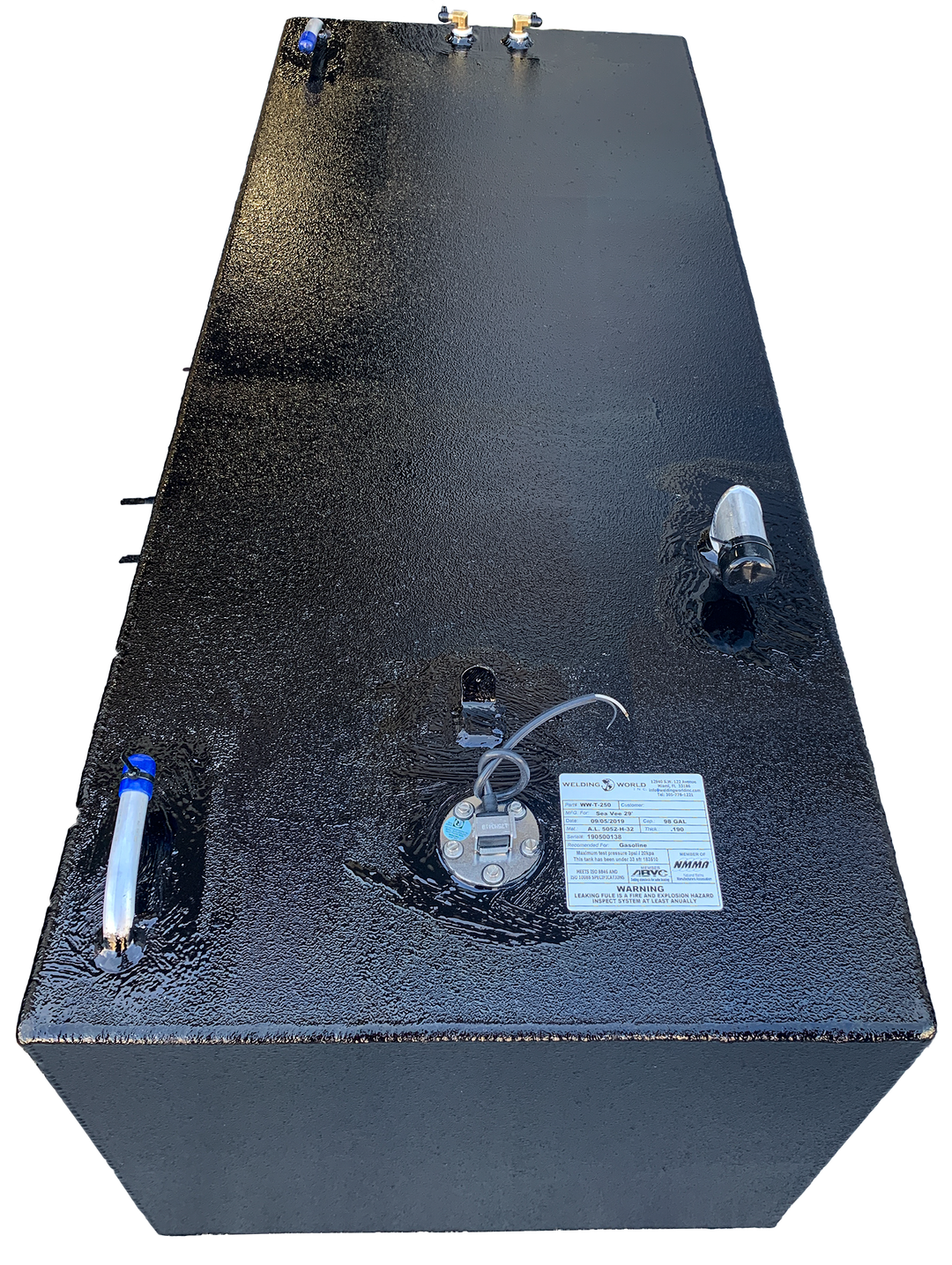 OEM replacement fuel tanks combo kit for Sea Vee 29', featuring two 98-gallon tanks with a sleek black finish, fuel gauge, and multiple fittings for easy installation