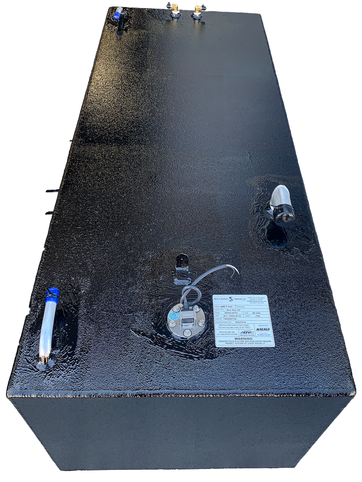 OEM replacement fuel tanks combo kit for Sea Vee 29', featuring two 98-gallon tanks with a sleek black finish, fuel gauge, and multiple fittings for easy installation
