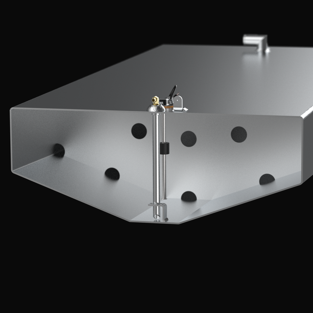A technical cross-section 3D rendering of a shallow tapered marine aluminum fuel tank cutaway view, detailing the internal plumbing and sending unit architecture. The image focuses on the inner chamber of a shallow V-bottom hull-conforming fuel cell fabricated from raw marine-grade 5052-H32 aluminum, highlighting a structural internal baffle plate with multiple circular flow-through holes. The internal assembly details an aluminum pickup tube extending to a bottom-mounted anti-slosh foot bracket, which conn