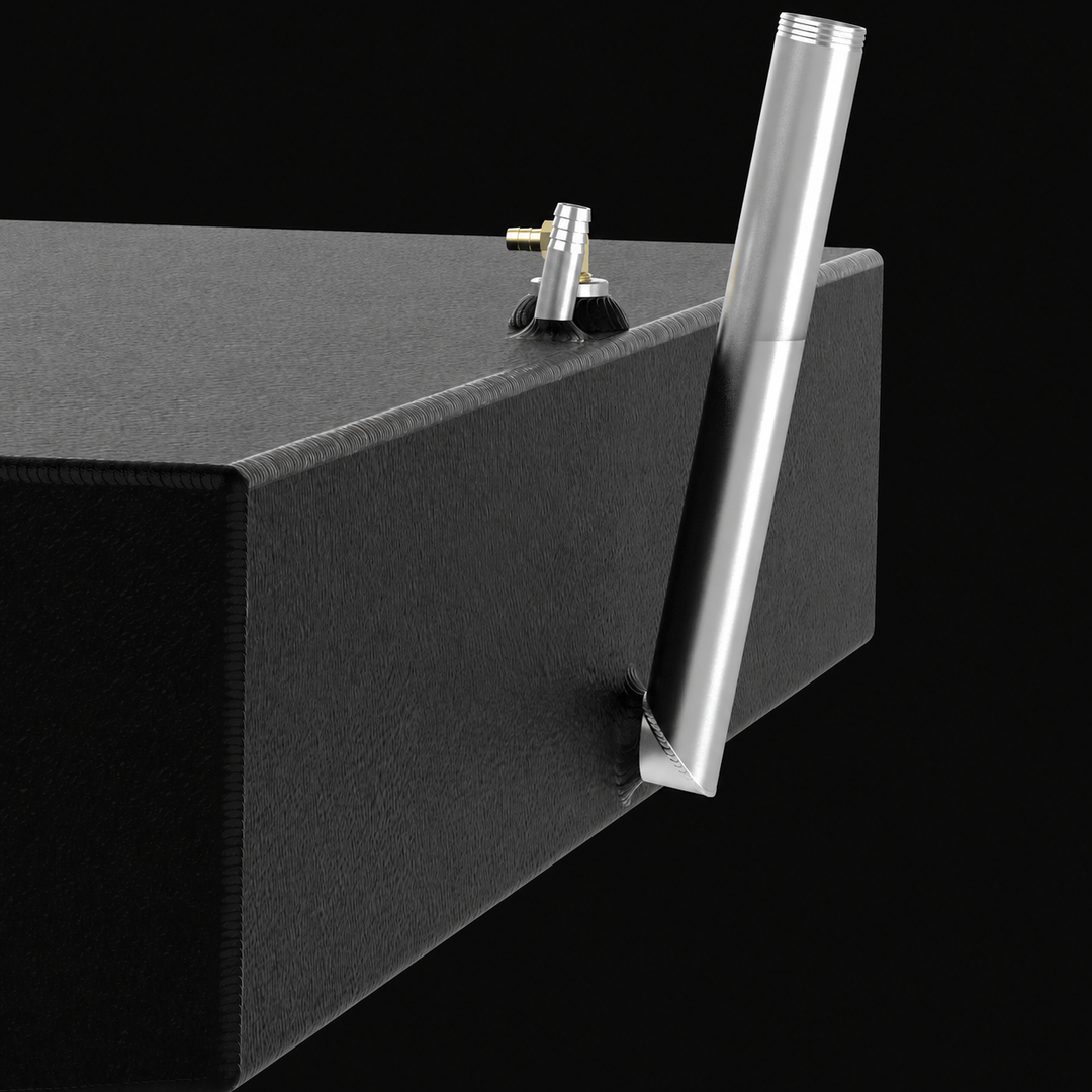 A close-up detailed view of the side-mounted hardware configuration on a black Shamrock 25-9 Saddle replacement marine fuel tank from file image_734e96.jpg, isolated against a black background. This macro perspective highlights the heavy-duty TIG welds securing a long, angled raw aluminum fuel fill neck that rises vertically past the top edge of the 52-gallon outboard fuel cell. Precision-fabricated by Welding World from heavy-gauge marine-grade 5052-H32 aluminum, the structural box body is completely encap