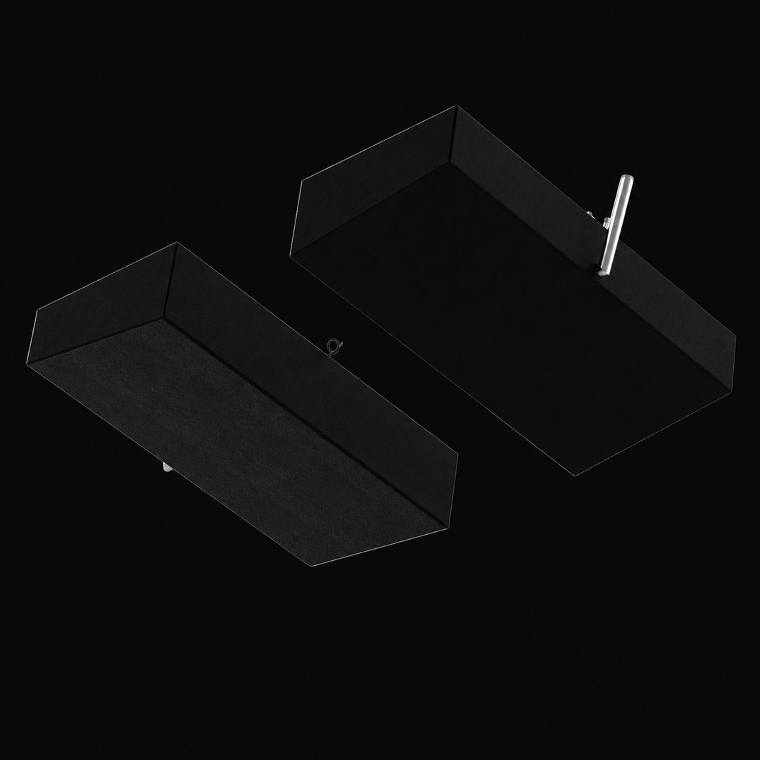 A low-angle, bottom-up isometric perspective view of a pair of black Shamrock 25-9 Saddle (2-tank combo) replacement marine fuel tanks from file image_734efa.jpg, isolated against a black background. This unique underbelly view highlights the completely sealed, solid base profiles of the matching port and starboard 52-gallon outboard fuel cells. Precision-fabricated by Welding World from heavy-gauge marine-grade 5052-H32 aluminum, the entirely seamless lower hulls are fully encapsulated in a protective, tex