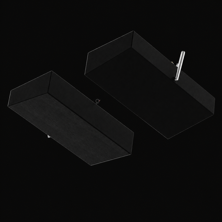 A low-angle, bottom-up isometric perspective view of a pair of black Shamrock 25-9 Saddle (2-tank combo) replacement marine fuel tanks from file image_734efa.jpg, isolated against a black background. This unique underbelly view highlights the completely sealed, solid base profiles of the matching port and starboard 52-gallon outboard fuel cells. Precision-fabricated by Welding World from heavy-gauge marine-grade 5052-H32 aluminum, the entirely seamless lower hulls are fully encapsulated in a protective, tex