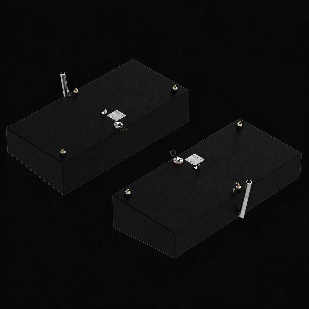 A high-angle isometric perspective view of a pair of black Shamrock 25-9 Saddle (2-tank combo) replacement marine fuel tanks from file image_734a5f.jpg, isolated against a black background. This mirrored port and starboard matching pair features two low-profile, rectangular 52-gallon outboard fuel cells engineered by Welding World to sit securely within the side hull cavities of the vessel. Precision-fabricated from heavy-gauge marine-grade 5052-H32 aluminum, both structures are completely encapsulated in a