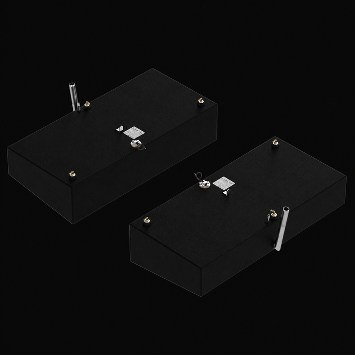 A high-angle isometric perspective view of a pair of black Shamrock 25-9 Saddle (2-tank combo) replacement marine fuel tanks from file image_734a5f.jpg, isolated against a black background. This mirrored port and starboard matching pair features two low-profile, rectangular 52-gallon outboard fuel cells engineered by Welding World to sit securely within the side hull cavities of the vessel. Precision-fabricated from heavy-gauge marine-grade 5052-H32 aluminum, both structures are completely encapsulated in a