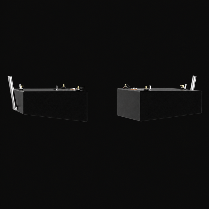 A low-angle straight perspective view of a pair of black Shamrock 25-9 Saddle (2-tank combo) replacement marine fuel tanks from file image_734e3a.jpg, isolated against a black background. This mirrored port and starboard matching pair highlights the clean rectangular cross-sectional profile of the 52-gallon outboard fuel cells, displaying a sharp longitudinal bottom-edge taper engineered by Welding World to align with the vessel's hull lines and sit flush within the side bilge cavities. Precision-fabricated