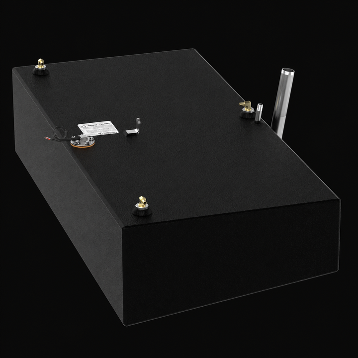 A high-angle overhead isometric perspective view of a single black Shamrock 25-9 Saddle replacement marine fuel tank from file image_735297.jpg, isolated against a black background. This dimensional view focuses on the rear and top deck layout of an individual 52-gallon outboard fuel cell, showcasing its sturdy rectangular block geometry precision-fabricated from heavy-gauge marine-grade 5052-H32 aluminum. The entire outer structure is fully encapsulated in a premium, textured black TarGard epoxy coating to