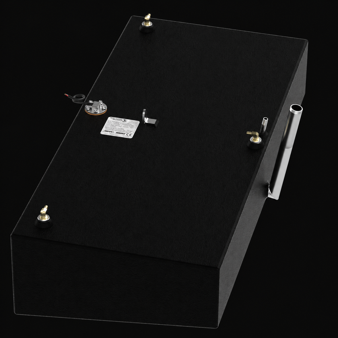 A high-angle overhead isometric view of a single black Shamrock 25-9 Saddle replacement marine fuel tank from file image_73523f.jpg, isolated against a black background. This detailed view showcases the flat top deck of a individual 52-gallon outboard fuel cell, precision-fabricated from heavy-gauge marine-grade 5052-H32 aluminum. The entire structural body features a textured, anti-corrosive black TarGard epoxy coating designed to endure severe bilge environments and prevent saltwater pitting. The symmetri