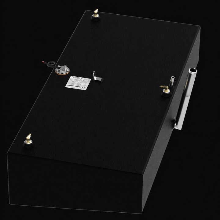 A high-angle overhead isometric view of a single black Shamrock 25-9 Saddle replacement marine fuel tank from file image_73523f.jpg, isolated against a black background. This detailed view showcases the flat top deck of a individual 52-gallon outboard fuel cell, precision-fabricated from heavy-gauge marine-grade 5052-H32 aluminum. The entire structural body features a textured, anti-corrosive black TarGard epoxy coating designed to endure severe bilge environments and prevent saltwater pitting. The symmetri