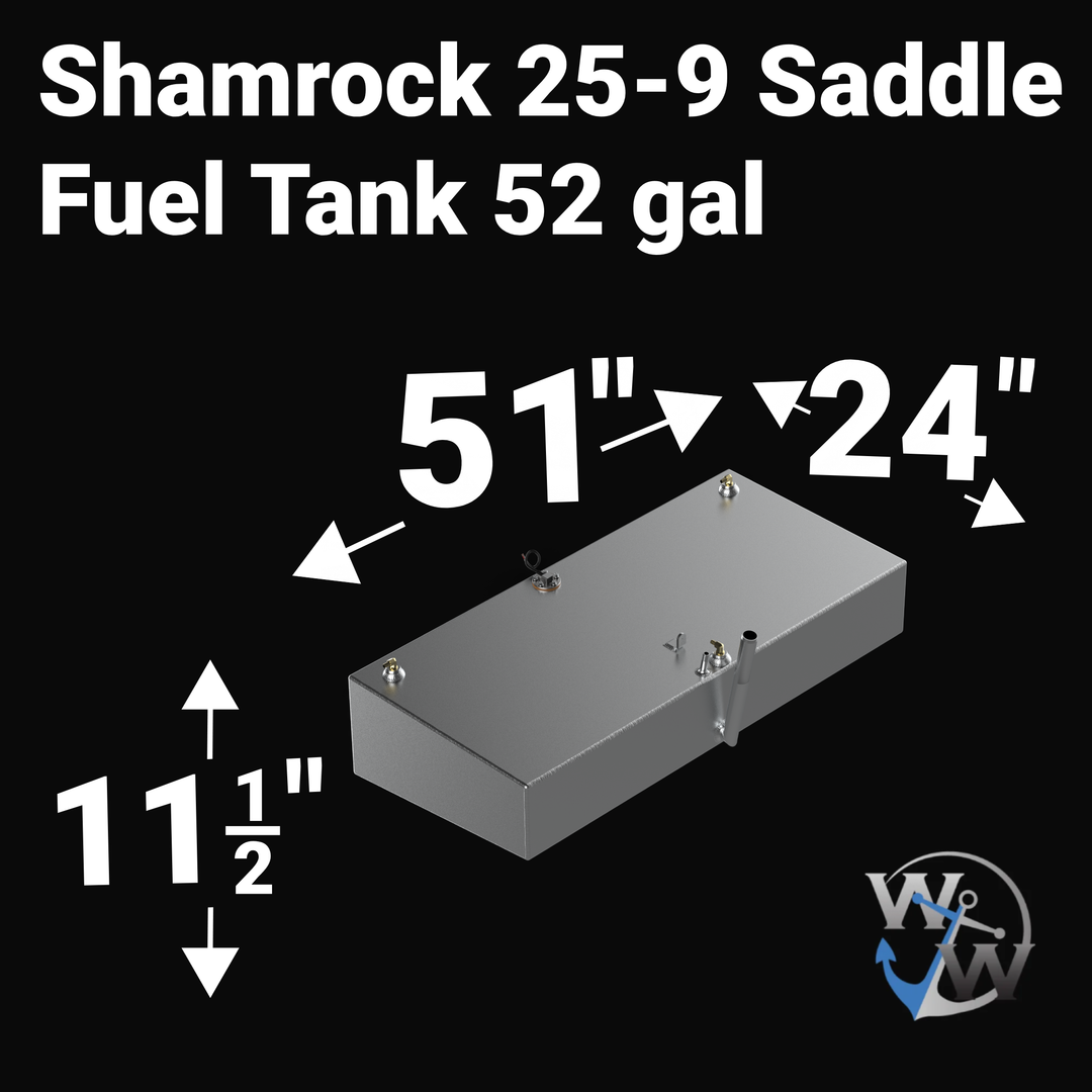 Dimensional technical diagram for a raw aluminum Shamrock 25-9 Saddle Fuel Tank 52 gal replacement from file image_734afc.jpg. The graphic displays precise technical specifications with measurements of 51" length, 24" width, and 11 1/2" height, showcasing a shallow, low-profile rectangular profile engineered by Welding World to sit securely within the boat's outboard side hull cavities. The flat top deck displays an unsealed variant layout featuring a decentralized mechanical hardware configuration, contain