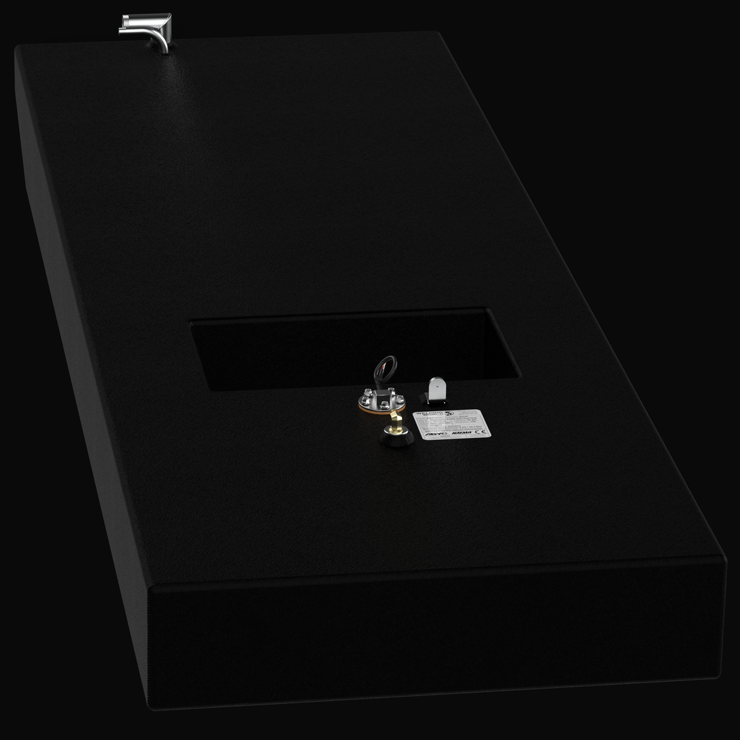 A high-angle perspective view of the Shearwater Z2400 (85 Gal) OEM replacement marine fuel tank, showcasing the protective black TarGard epoxy finish. This view highlights the custom rectangular clearance cutout, top-mounted 316 stainless steel fill and vent tubes, an integrated KUS fuel sending unit, brass fuel pickup elbow, and the official NMMA/ABYC certification label. Fabricated from heavy-duty .190" marine-grade aluminum, it is engineered for a guaranteed 100% drop-in fit.