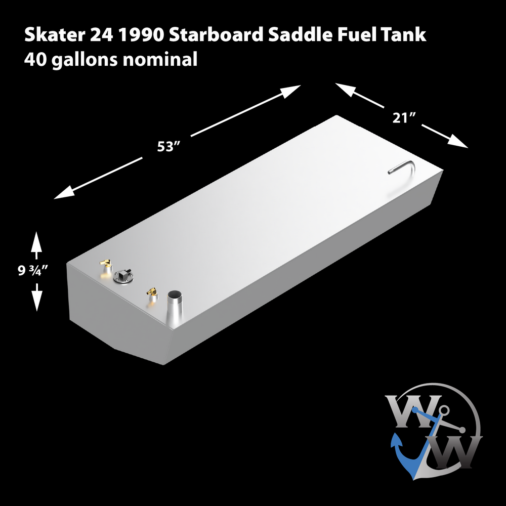A silver rectangular fuel tank, labeled "Skater 24 1990 Starboard Saddle Fuel Tank 40 gallons nominal," is displayed with its dimensions. The tank is 53 inches long, 21 inches wide, and 9 3/4 inches high. Various fittings and ports are visible on its top surface. A white and blue logo with "WW" and an anchor is in the bottom right corner