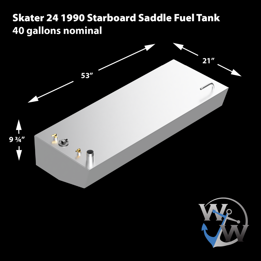 A silver rectangular fuel tank, labeled "Skater 24 1990 Starboard Saddle Fuel Tank 40 gallons nominal," is displayed with its dimensions. The tank is 53 inches long, 21 inches wide, and 9 3/4 inches high. Various fittings and ports are visible on its top surface. A white and blue logo with "WW" and an anchor is in the bottom right corner