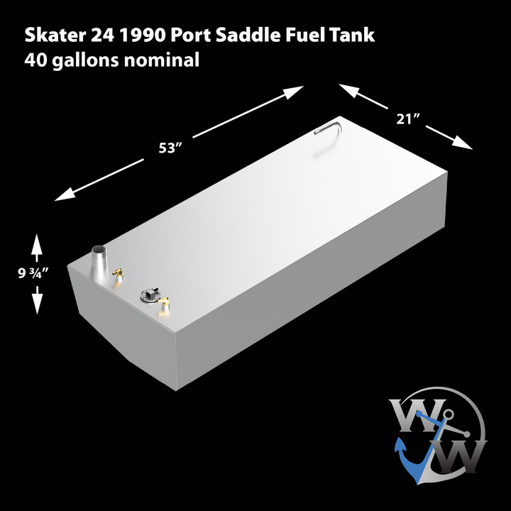 A silver, rectangular fuel tank for a Skater 24 1990, labeled as a "Port Saddle Fuel Tank" with a nominal capacity of 40 gallons. Its dimensions are 53 inches in length, 21 inches in width, and 9 3/4 inches in height. Various inlets and outlets are visible on the top surface. A white and blue "WW" logo with an anchor is in the bottom right corner