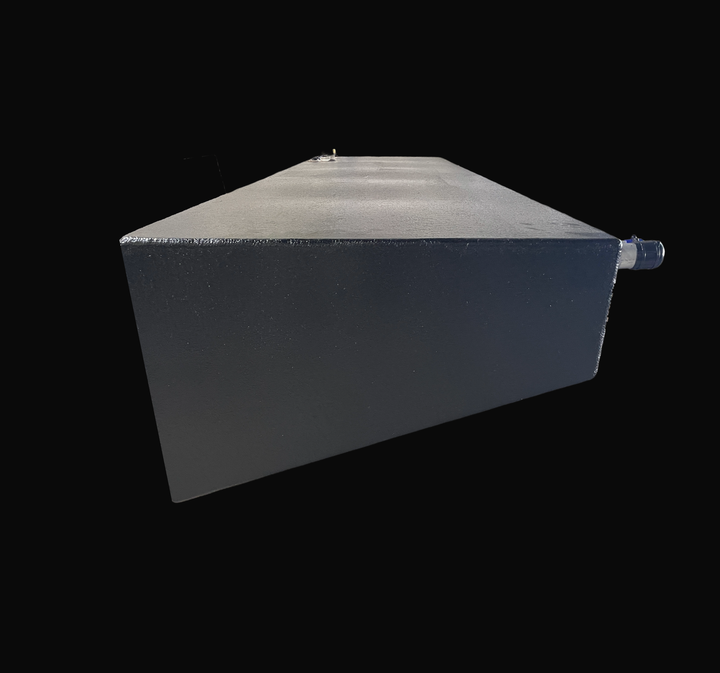 A rear-perspective view of a Sonic 31 replacement fuel tank showcasing its precision-welded construction and textured black Coal Tar Epoxy finish. This heavy-duty marine-grade .190" aluminum tank is engineered with a specialized tapered bottom for an exact hull fit. It features top-mounted fuel pickups and an integrated sender, providing a guaranteed 100% OEM replacement for high-performance offshore fishing and powerboats.