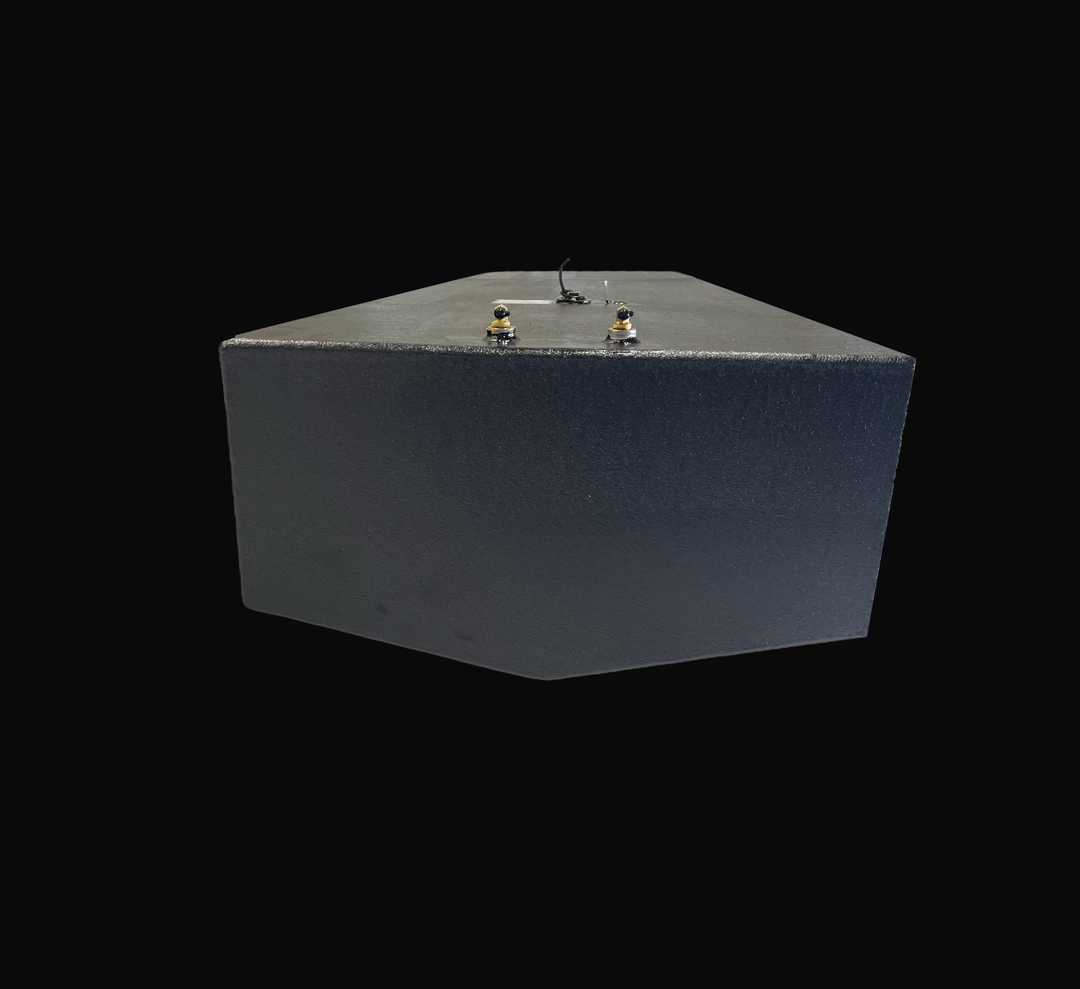 Front-perspective view of a Sonic 31 Center replacement fuel tank featuring a specialized hull-matching tapered bottom and a protective black Coal Tar Epoxy coating. This 204-gallon tank is constructed from heavy-duty .190" marine-grade aluminum and features precision-welded 316 stainless steel fuel fittings and an integrated sending unit. Engineered as an exact OEM replacement to ensure a guaranteed 100% drop-in fit for offshore marine applications.