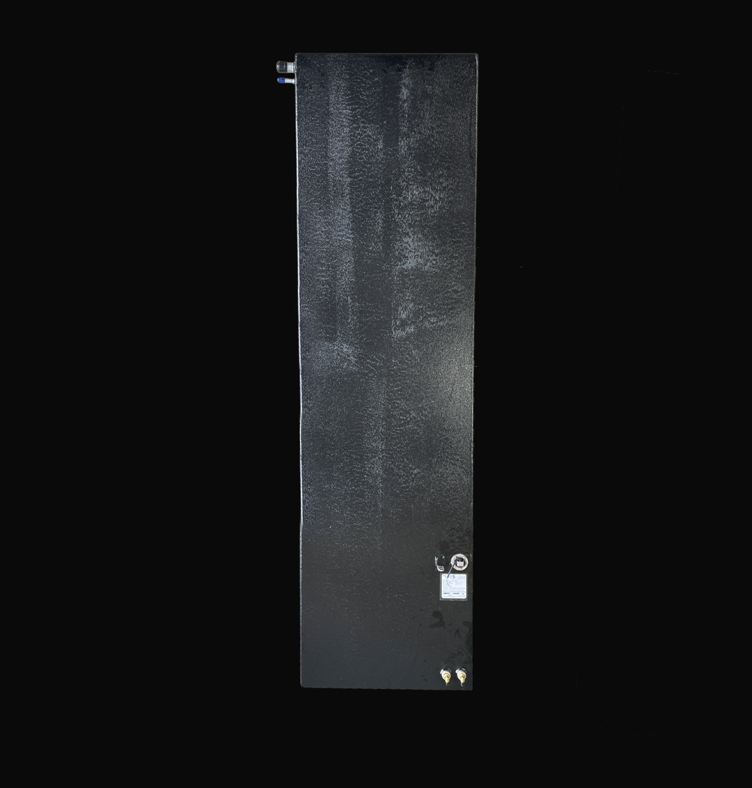 Top-down plan view of a Sonic 31 replacement fuel tank featuring a rugged black Coal Tar Epoxy finish. The image displays the precision placement of the 316 stainless steel fuel pickups, sending unit, and ventilation fittings on the heavy-duty .190" marine-grade aluminum surface. Engineered to exact OEM specifications, this layout ensures a guaranteed 100% drop-in fit and maximum corrosion resistance for offshore marine fuel systems.