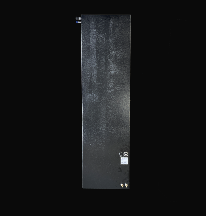 Top-down plan view of a Sonic 31 replacement fuel tank featuring a rugged black Coal Tar Epoxy finish. The image displays the precision placement of the 316 stainless steel fuel pickups, sending unit, and ventilation fittings on the heavy-duty .190" marine-grade aluminum surface. Engineered to exact OEM specifications, this layout ensures a guaranteed 100% drop-in fit and maximum corrosion resistance for offshore marine fuel systems.