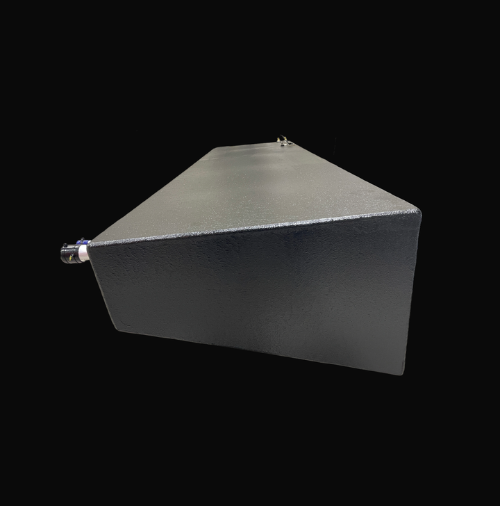 A low-angle perspective view of a Sonic 31 replacement fuel tank highlighting the durable black Coal Tar Epoxy coating. This heavy-duty .190" marine-grade aluminum tank features an exact OEM tapered hull design and precision 316 stainless steel fuel pickups. Engineered for maximum saltwater corrosion resistance, this tank is a guaranteed 100% drop-in replacement for high-performance offshore vessels.